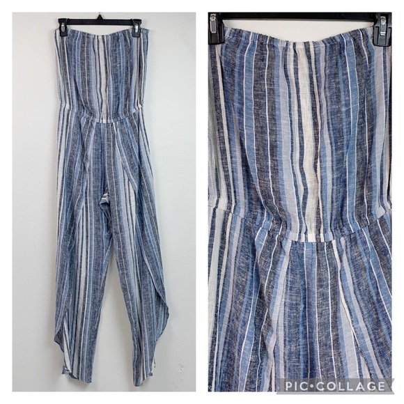 Anthropologie DREW linen Emerson striped strapless pull on split leg jumpsuit - Picture 8 of 12